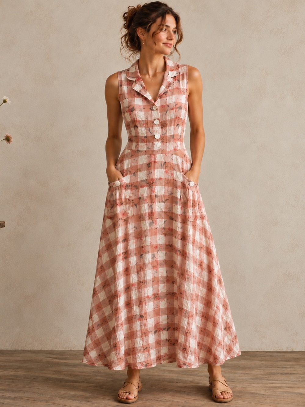 Vintage Inspired Cottagecore Floral Gingham Maxi Dress